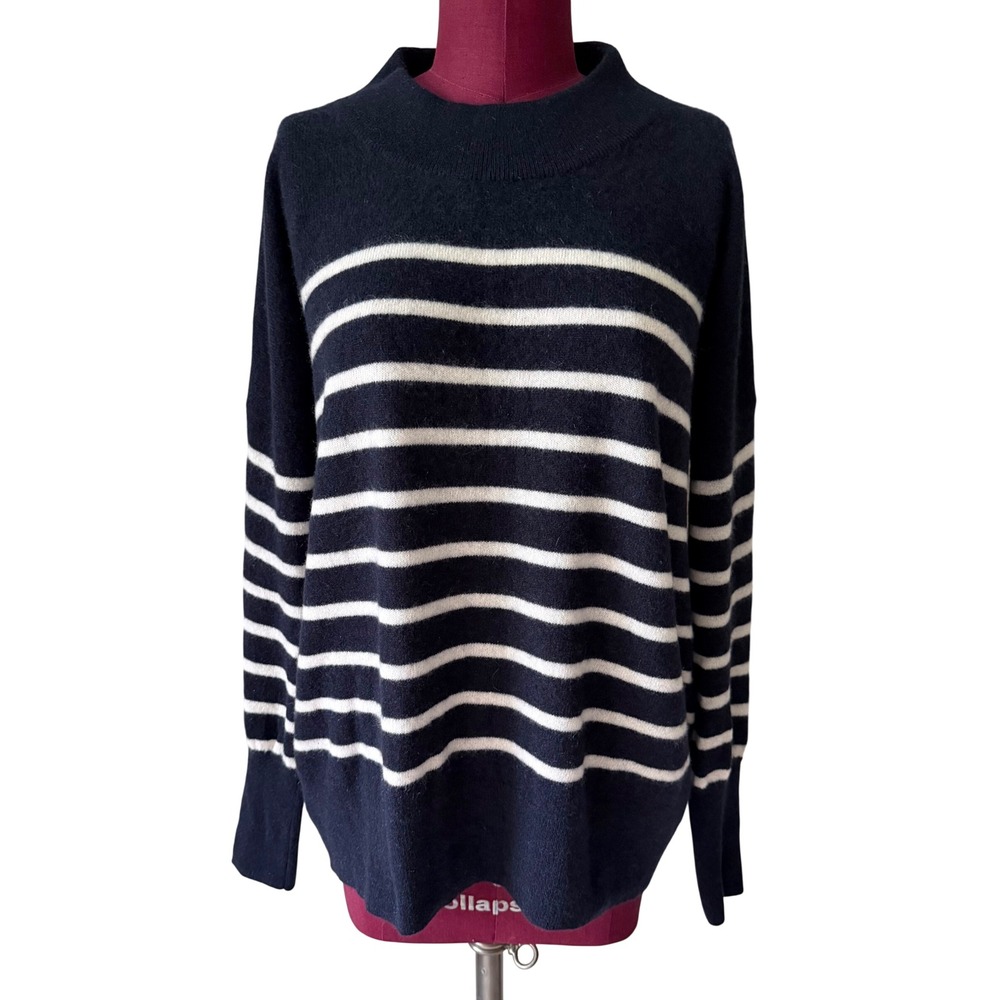 C by Bloomingdale's Sweater 100% 2-Ply Cashmere Striped Crewneck Navy White XXL